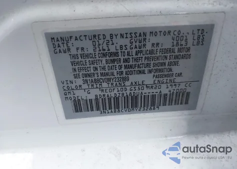 2021 Nissan Sentra Sv Xtronic Cvt from USA, damaged, VIN 3N1AB8CV0MY232889